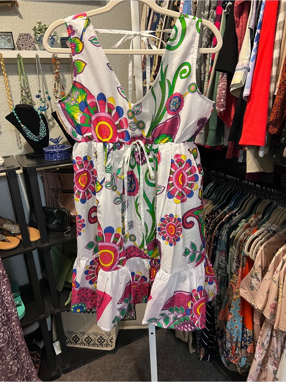 Sacred Threads White Floral Sundress with Pink, Green, Yellow Accents